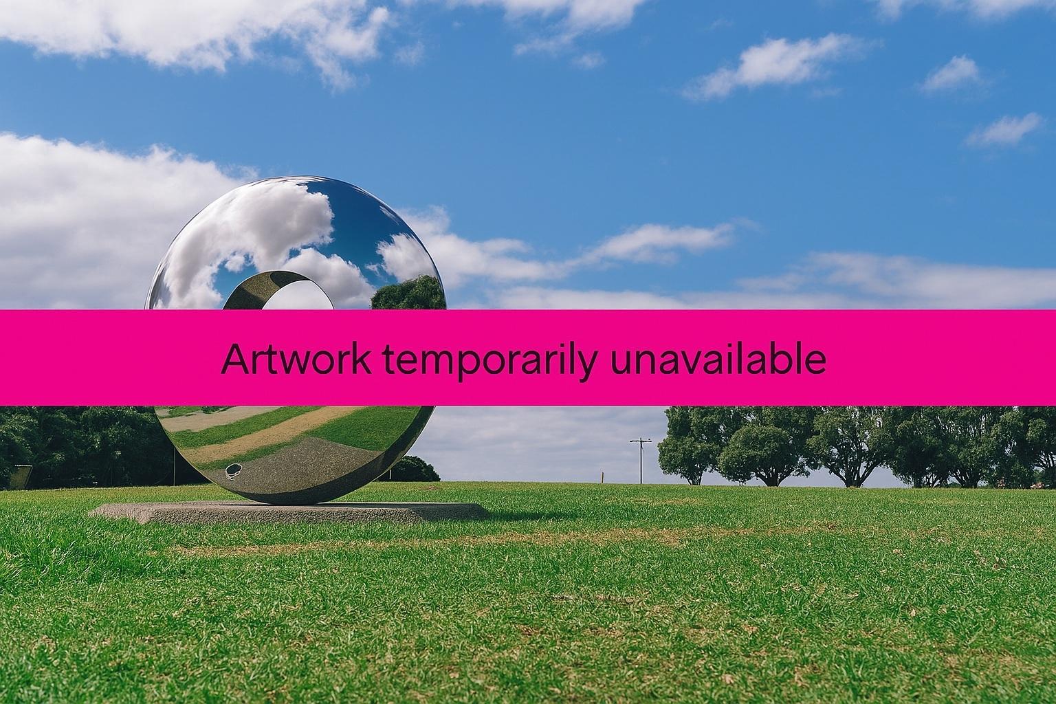 A circular metal sculpture with a mirror surface reflects its surroundings - a magenta stripe across the centre reading 'Artwork temporarily unavailable