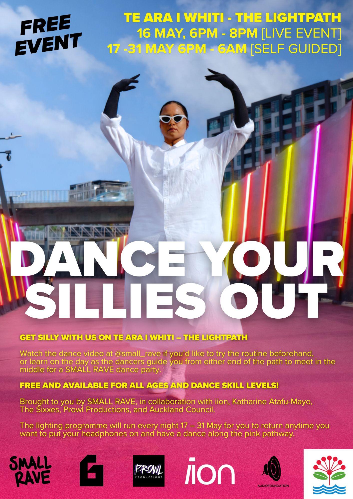 A poster advertising a dance event on Auckland CBD's Lightpath showing bright pink path with a person dressed in white in a ballet pose