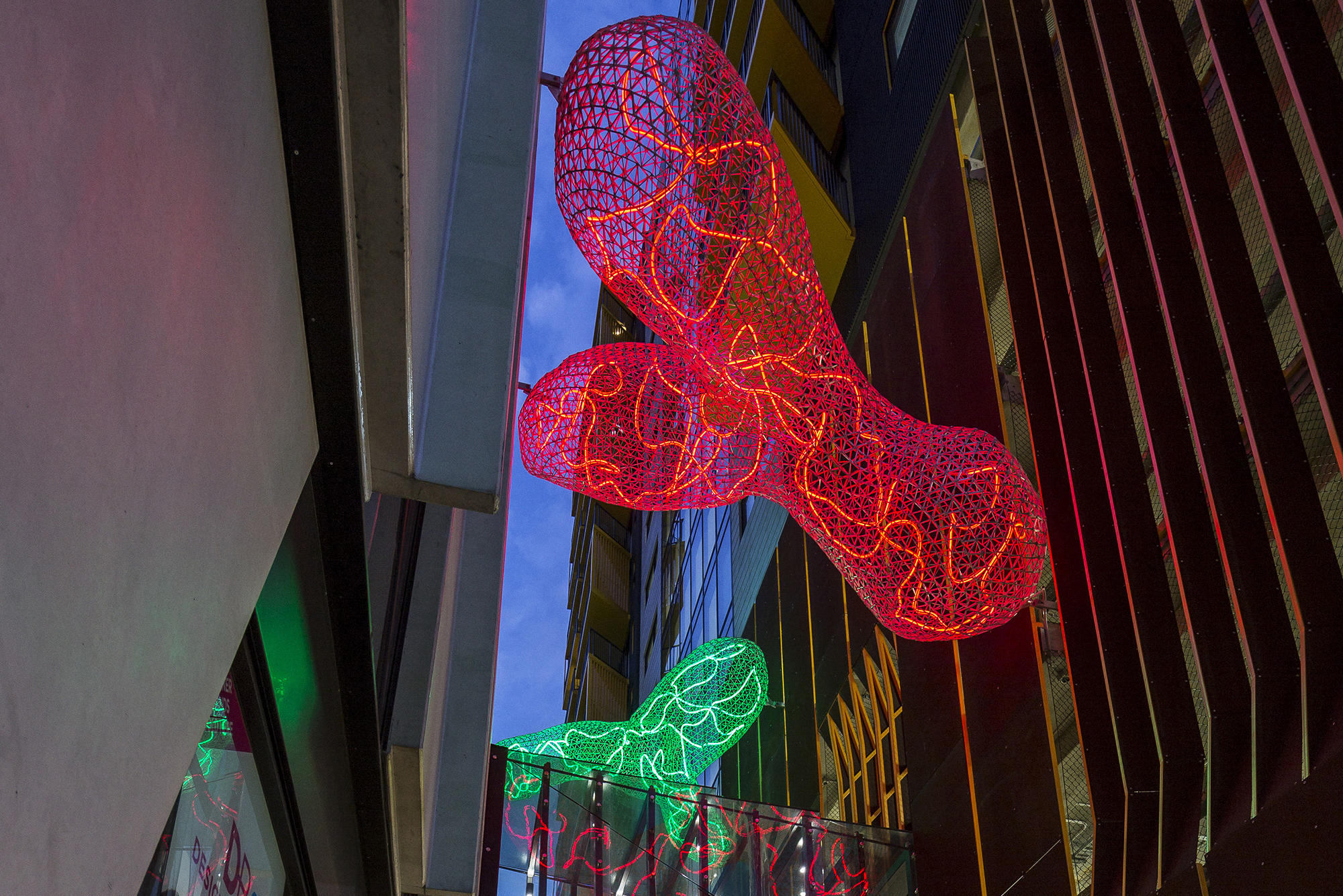 Geodesic metal cloud structures suspended over a laneway and lit with clusters of neon flex