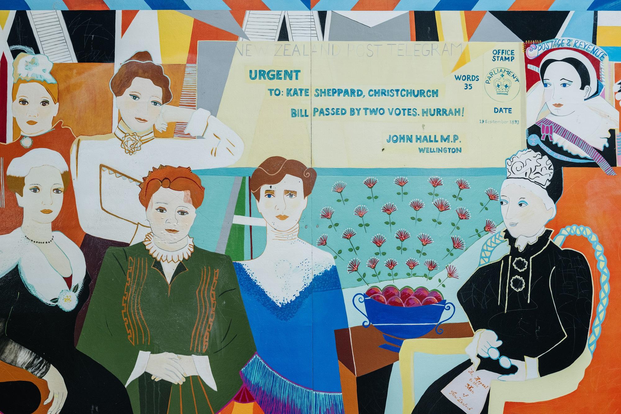 Detail view of a mural showing a giant telegram and six women