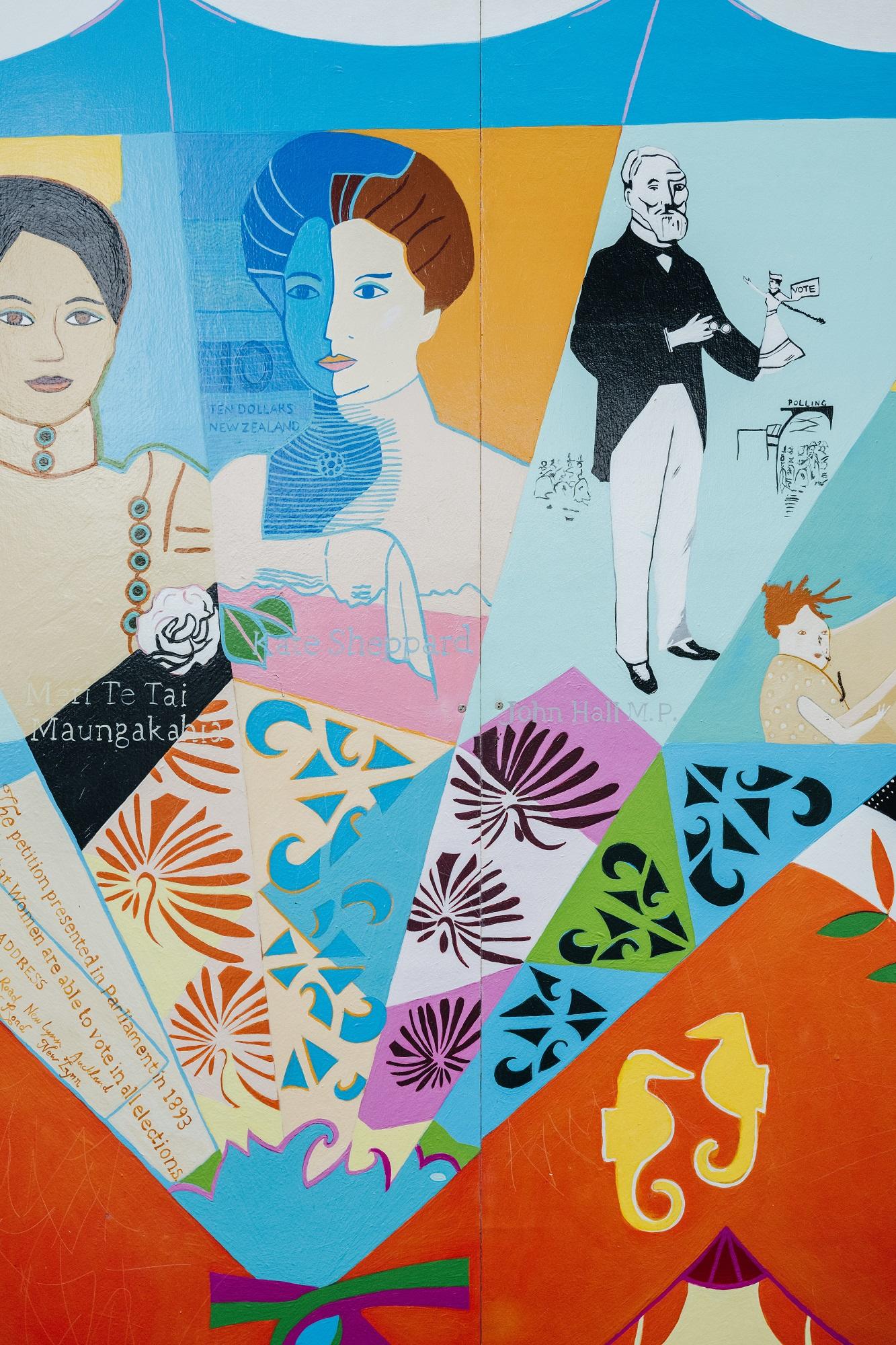 Detail view of a mural showing two women and a man